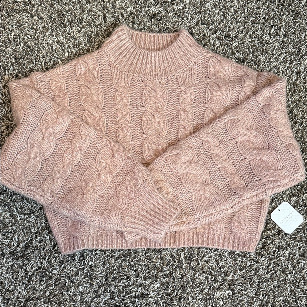 Altar'd State Blush Pink/Tan Cable Knit Crewneck Cropped Sweater